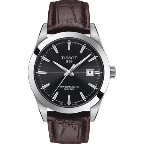 TISSOT Gentleman Automatic Powermatic 80 Silicone Watch with Leather Strap, Officially Imported, Men's, Black Dial, Model T1274071605101