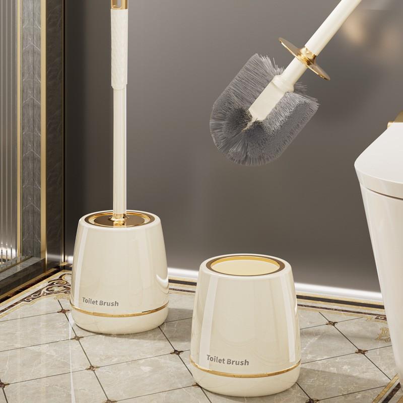 Premium Toilet Brush Set With Stand No Drill Installation Floor Standing 360 Cleaning Plastic Handle White /Gold Plated