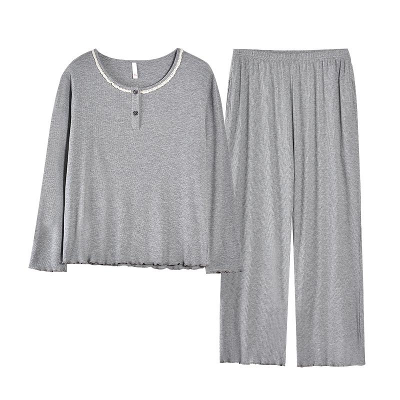 New Women's Grey Casual Modal Pajama Set - Long Sleeve Pullover with Chest Pads and Long Pants for Spring and Autumn