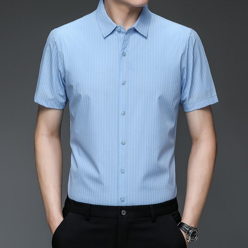 Summer Bamboo Fiber Short-sleeved Shirt Men's Business Casual Vertical Striped Ice Silk Half-sleeved Shirt Men's Clothing