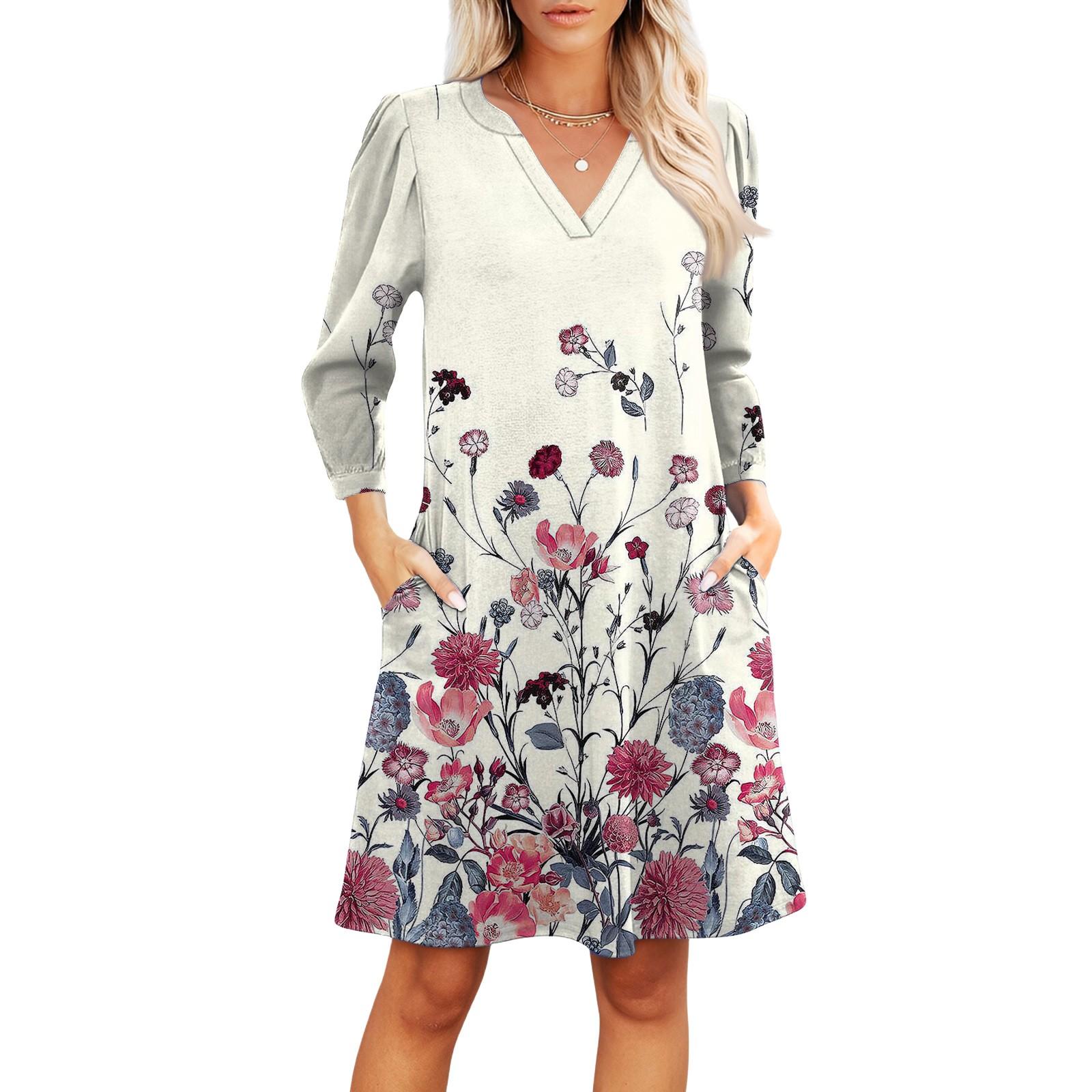 

Women s Fashion V-neck Casual Beach Dress Three-quarter Sleeves Floral Print Dress M бежевий
