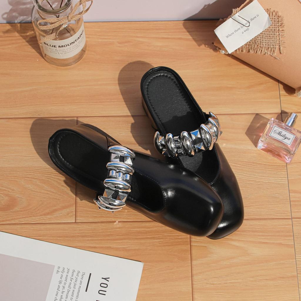 Summer new bag head cool slippers women wear high-end temperament square head women's shoes inner height increase silver Mary Jane shoes