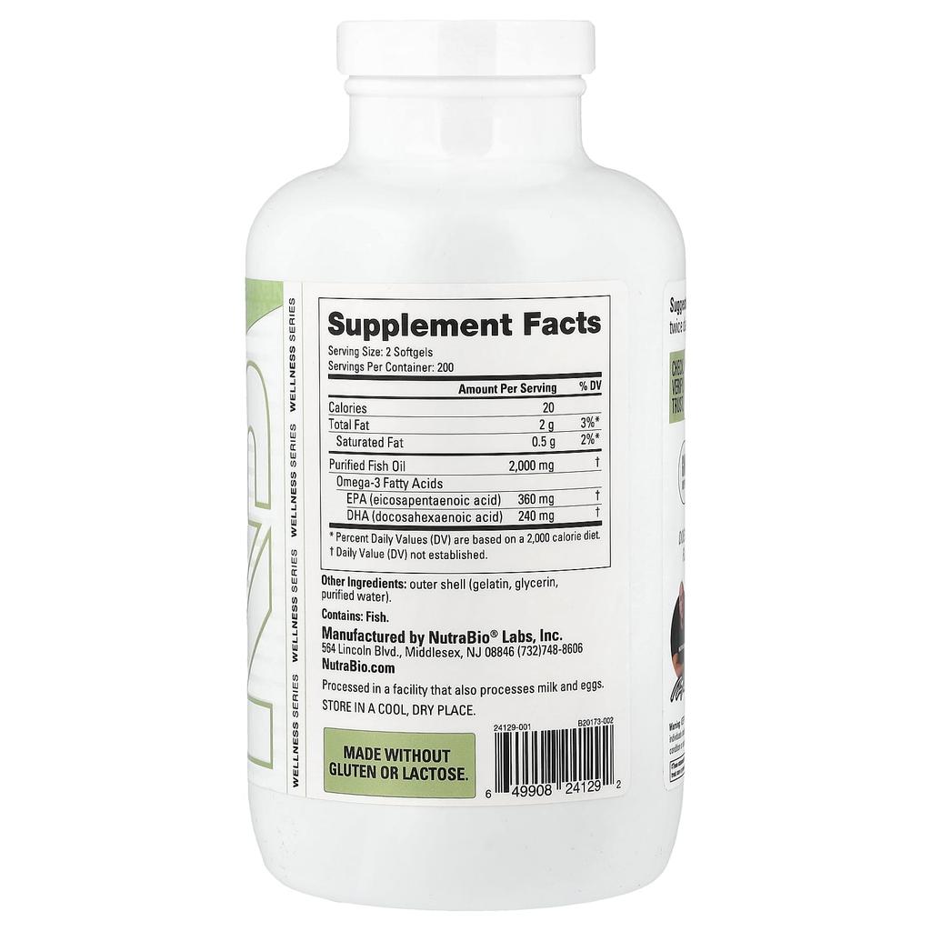 NutraBio Omega-3 Fish Oil, 2,000 Mg, 400 Softgels (1,000 Mg Per Softgel)