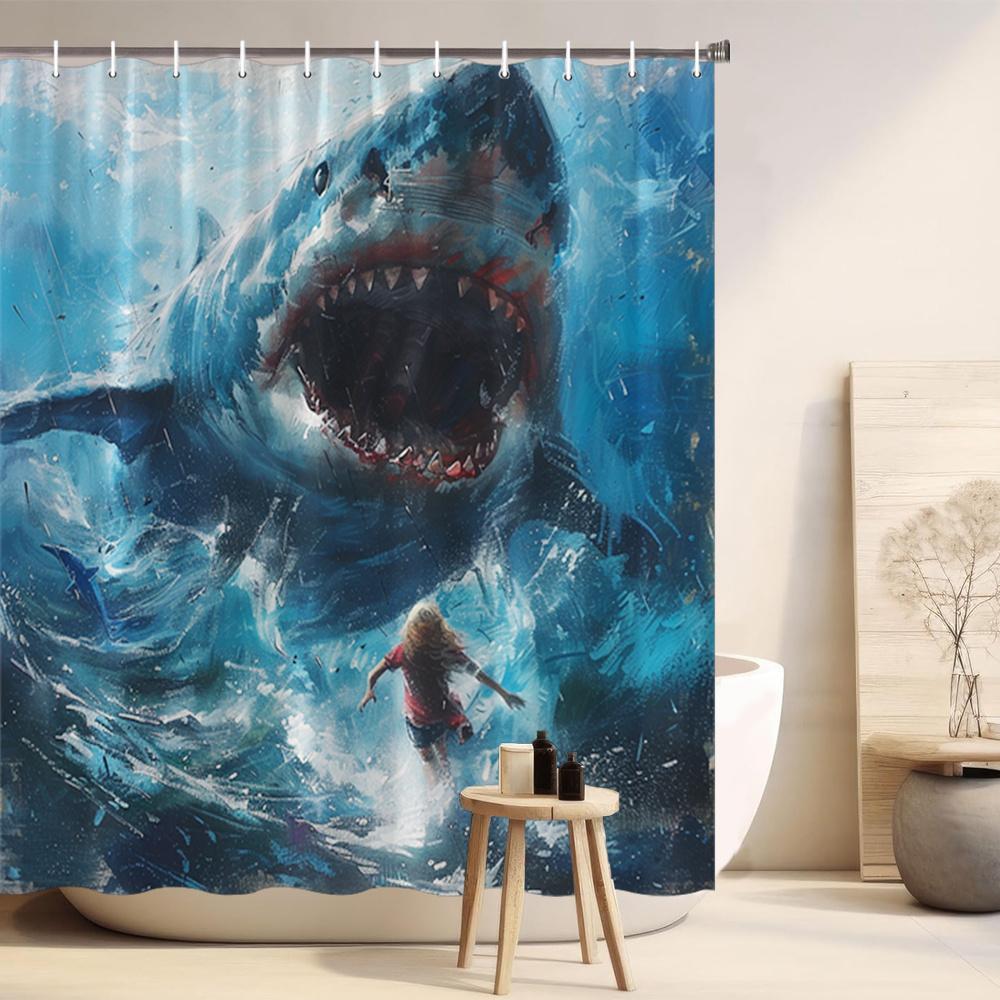 Tenda Doccia Attacco di Squalo Squalo Bianco Arte Scena Sottomarina Poliestere Tenda Bagno Con Ganci Per Decorazione Oceano Horror