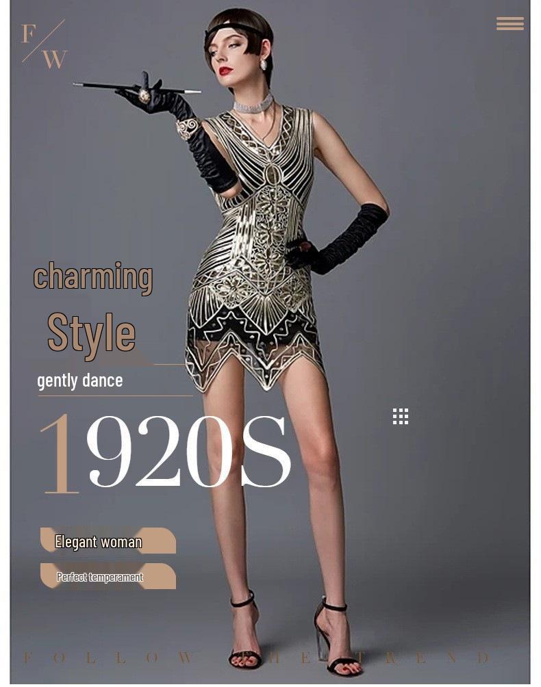 1920er Gatsby Perlenquastenkleid, Übergröße S-4XL - Damen Retro Formelles Pailletten Performance Kostüm.