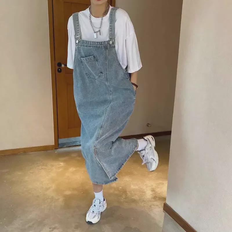 Women's Light Blue Denim Overall Skirt - 2023 Spring/Autumn Loose Hong Kong Style Dress