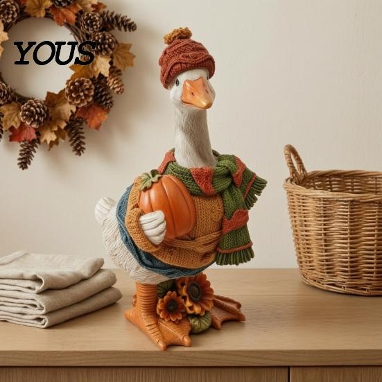 Resin Toy Decoration Autumn Pumpkin Duck Ornament, Exquisite Craft, Lifelike Animal Office Desk Figurine, Creative Home Garden Patio