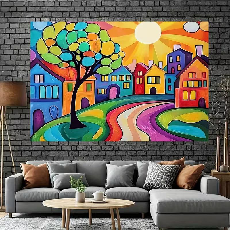 2D Vibrant Cartoon Street Backdrop Colorful Houses Sunlight Party Decor Background Cloth