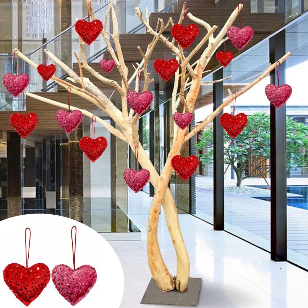 2pcs Elegant Glitter Heart Shaped Pendant with Hanging Rope Vivid Sequin Decorative Supplies Pink Red Handmade Love Key Ring