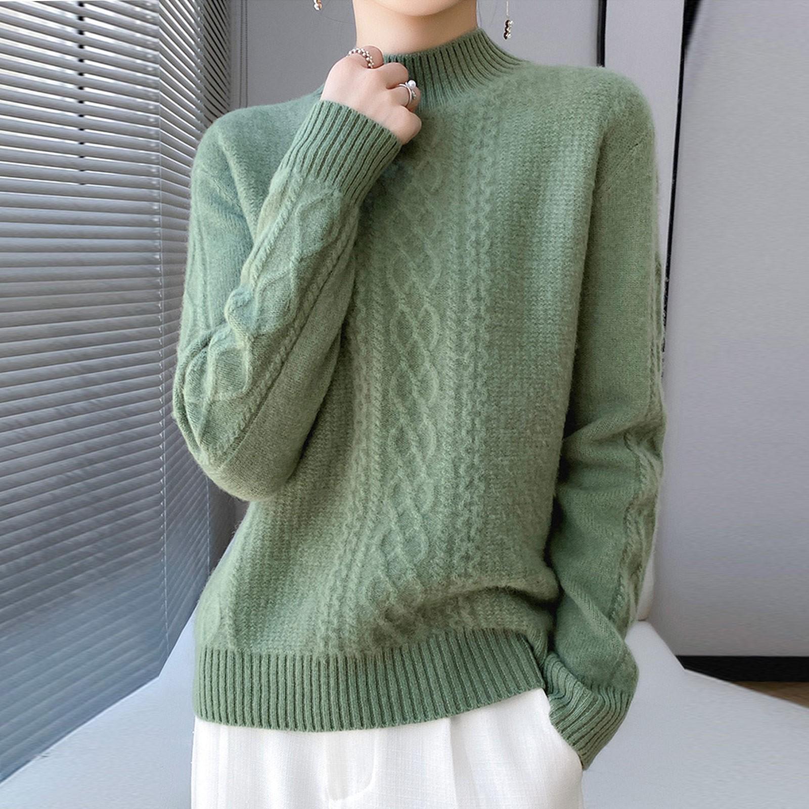 

Женский вязаный свитер с длинными рукавами и витым узором, топ с высоким воротником и половиной воротника XL зелёный