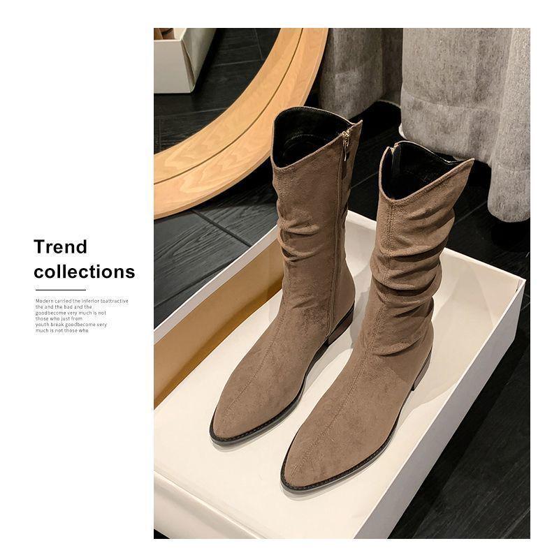 Women's 2025 French Retro Pointed Toe Mid-Calf Boots - Autumn/Winter Soft Suede Leather, Chunky Heel, Non-Slip