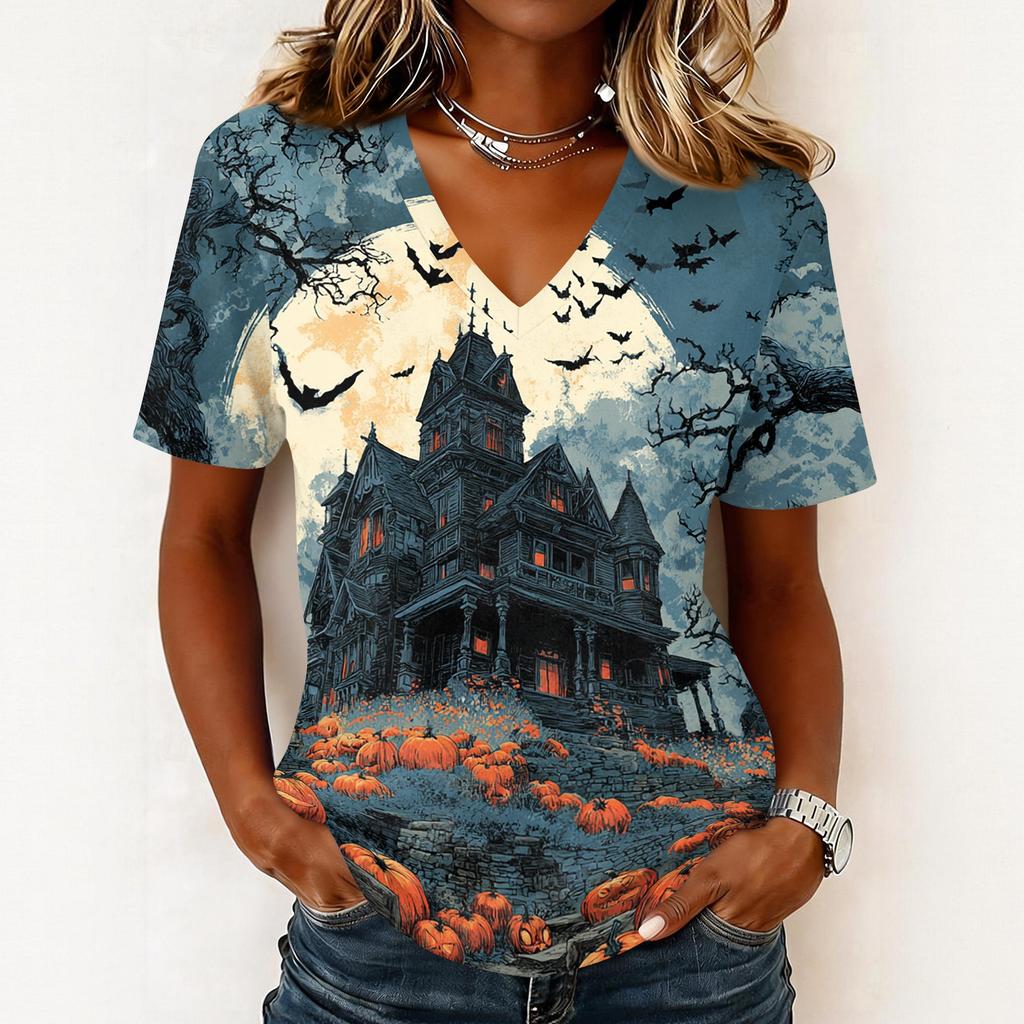 Women Casual Short Sleeve Pullover V Neck Top Halloween Ghost Print Lightweight Comfortable Blouse for Everyday Wear