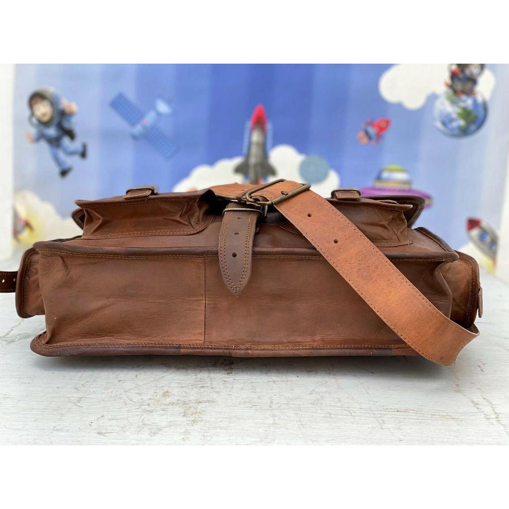Men Genuine Brownish Leather Vintage Laptop Messenger Briefcase Bag Satchel
