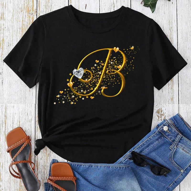 Custom Name Letter Combination Gold Letter Font Short Sleeve Tops Black T-shirt Female Tops