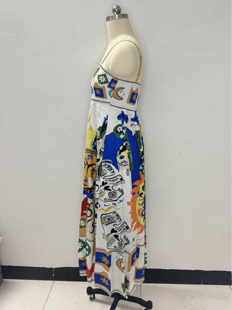 In Stock 2026: Graffiti Print Wide Hem Spaghetti Strap Dress for Women - Casual European & American Style
