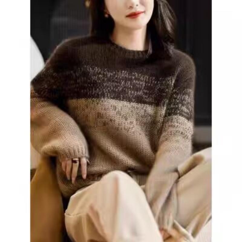 Autumn and Winter New Soft Waxy Color Matching Round Neck Pullover Women's Fashion Casual Loose Inner Bottoming Knitted Sweater