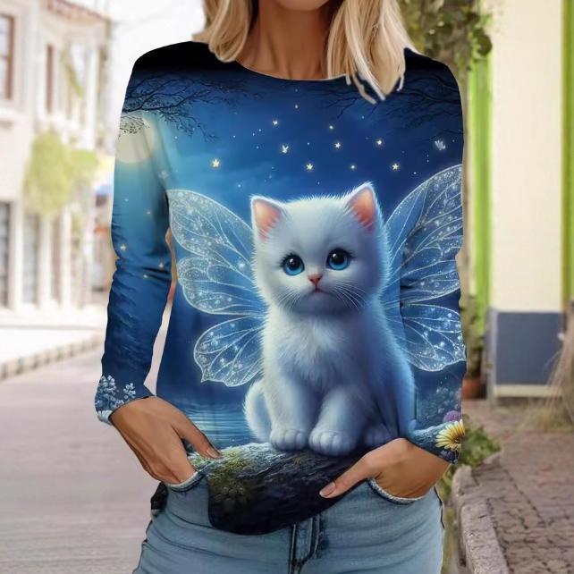 Camisetas de Mujer de Manga Larga Casuales de Moda con Cuello Redondo y Estampado de Gato Lindo con Impresión 3D para Primavera y Otoño