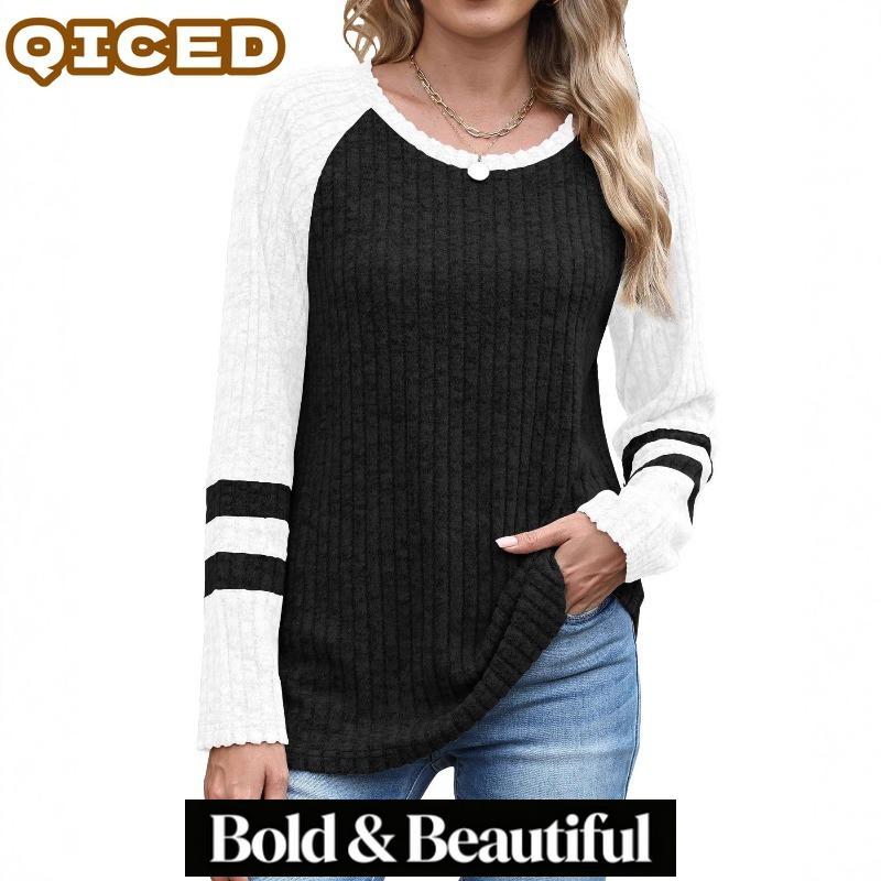 QICED Women's Fashion Casual O-Neck Long Sleeve Blouses & Shirts