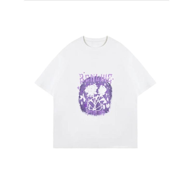 Oversized T Shirt White Purple Floral And Text Print Casual Streetwear Style For Women