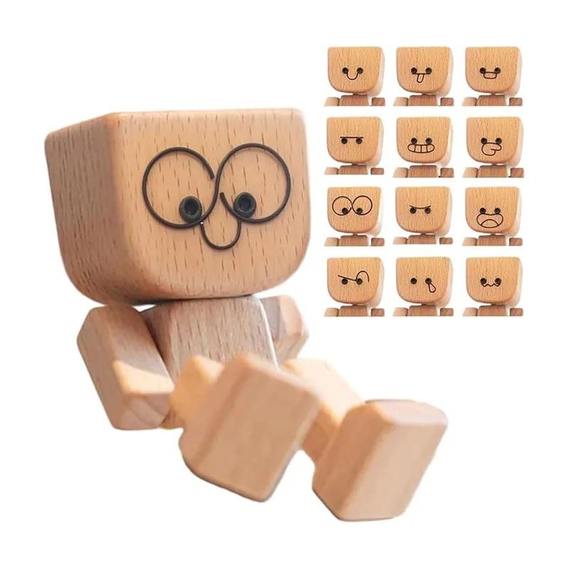 Wackelnder Holzmann Figur Handgefertigt Wackelnde Füße Holz Auto Armaturenbrett Dekorationen mit 12 Stück Magnetischen Ausdrücken Kreative Geschenke