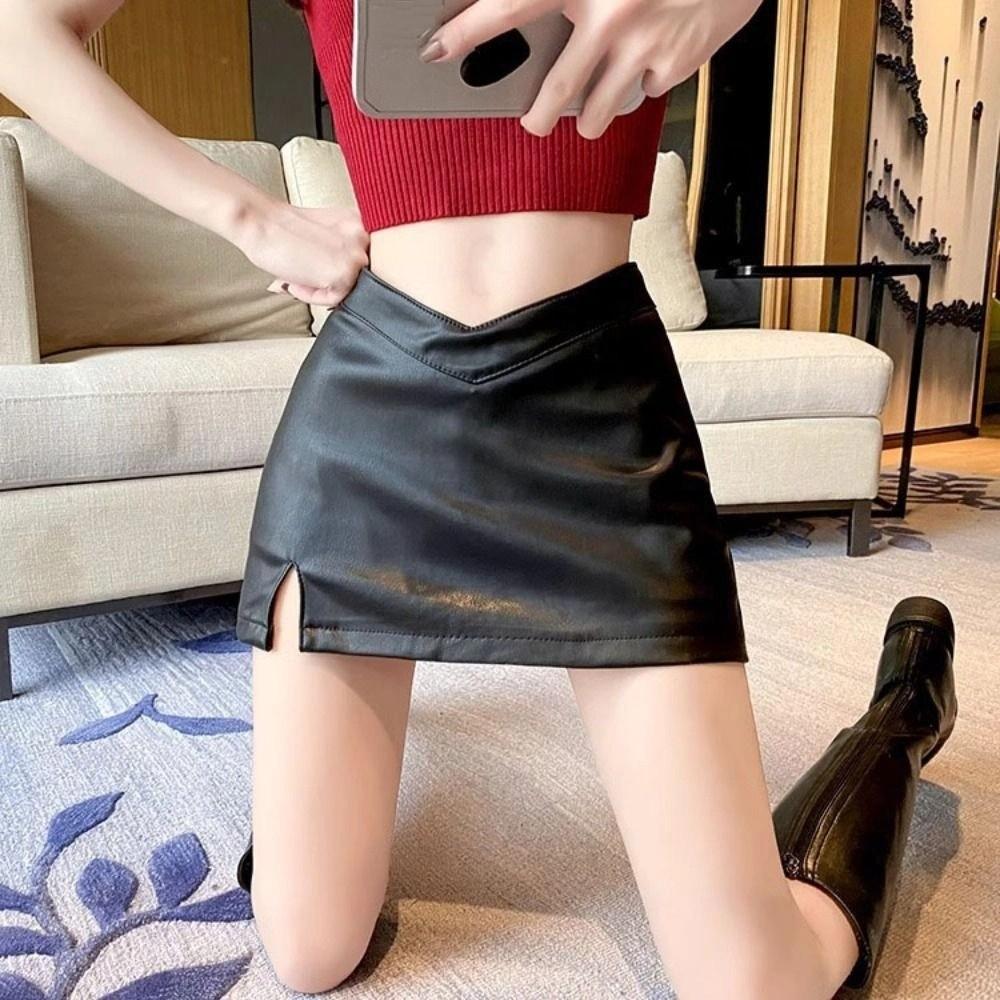 Waterproof Short Mini Skirts Split High Waist A-line Skirt Harajuku PU Leather Skirt  Lady