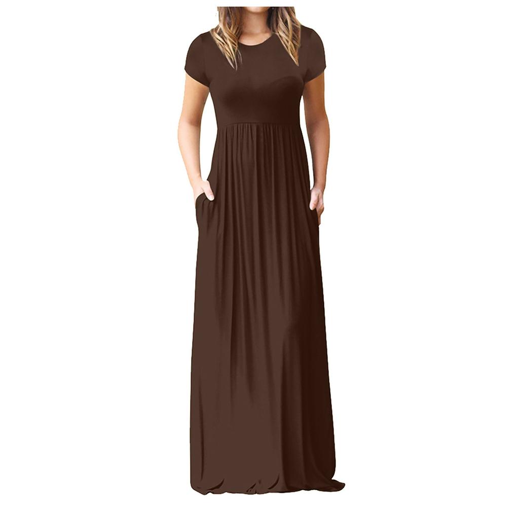 Women  Casual Pockets Short Sleeve Floor Length Dress Loose Party Dress
