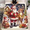 Christmas Santa Claus and Reindeer Printed Flannel Throw Blanket - Bohemian Style All-Season Quilted Throw for Sofa, Bed - Soft,
