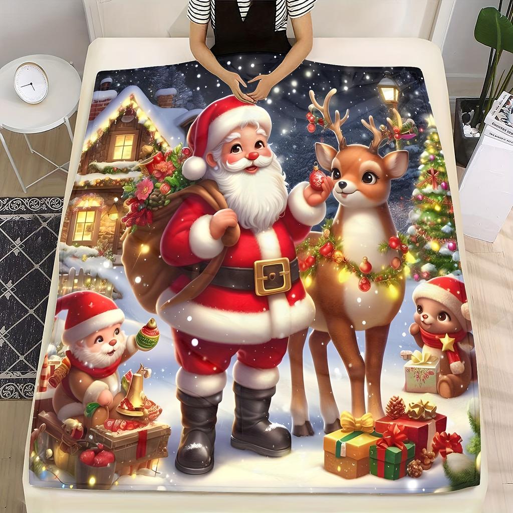 Christmas Santa Claus and Reindeer Printed Flannel Throw Blanket - Bohemian Style All-Season Quilted Throw for Sofa, Bed - Soft,