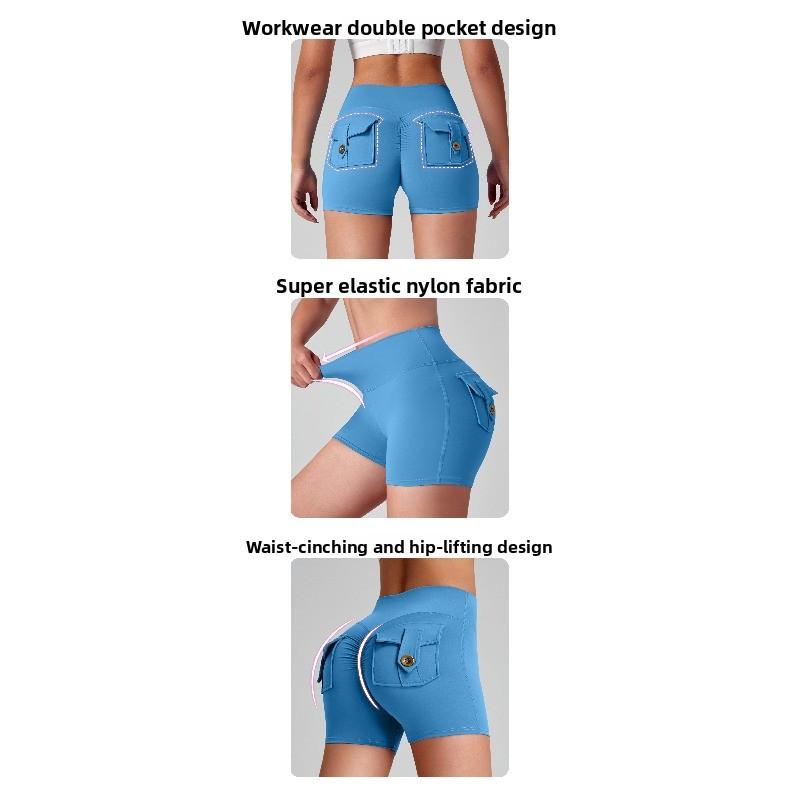 Dámské nákladní jógové šortky s vysokým pasem, design Broskvový zadek, kapsy, 3 body, Šortky na cvičení, Pocit nahoty, Vysoce elastické, Rychleschnoucí, Běžecké šortky