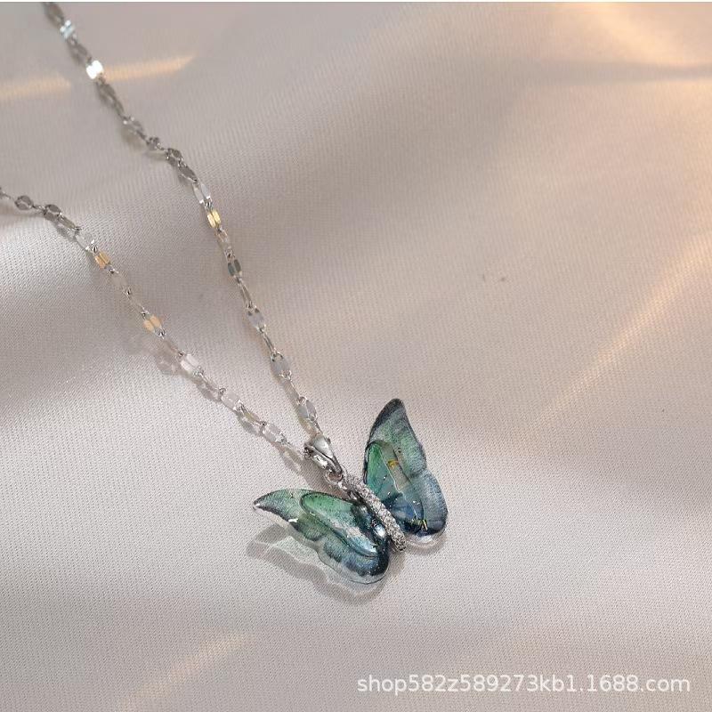 Women Micro Inlaid Zircon Gradient Color Butterfly Titanium Steel Clavicle Pendant Necklace