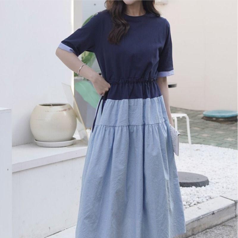 Women's Dark Blue Round Neck Shirt with Half Sleeve Fat Mm Casual T-shirt