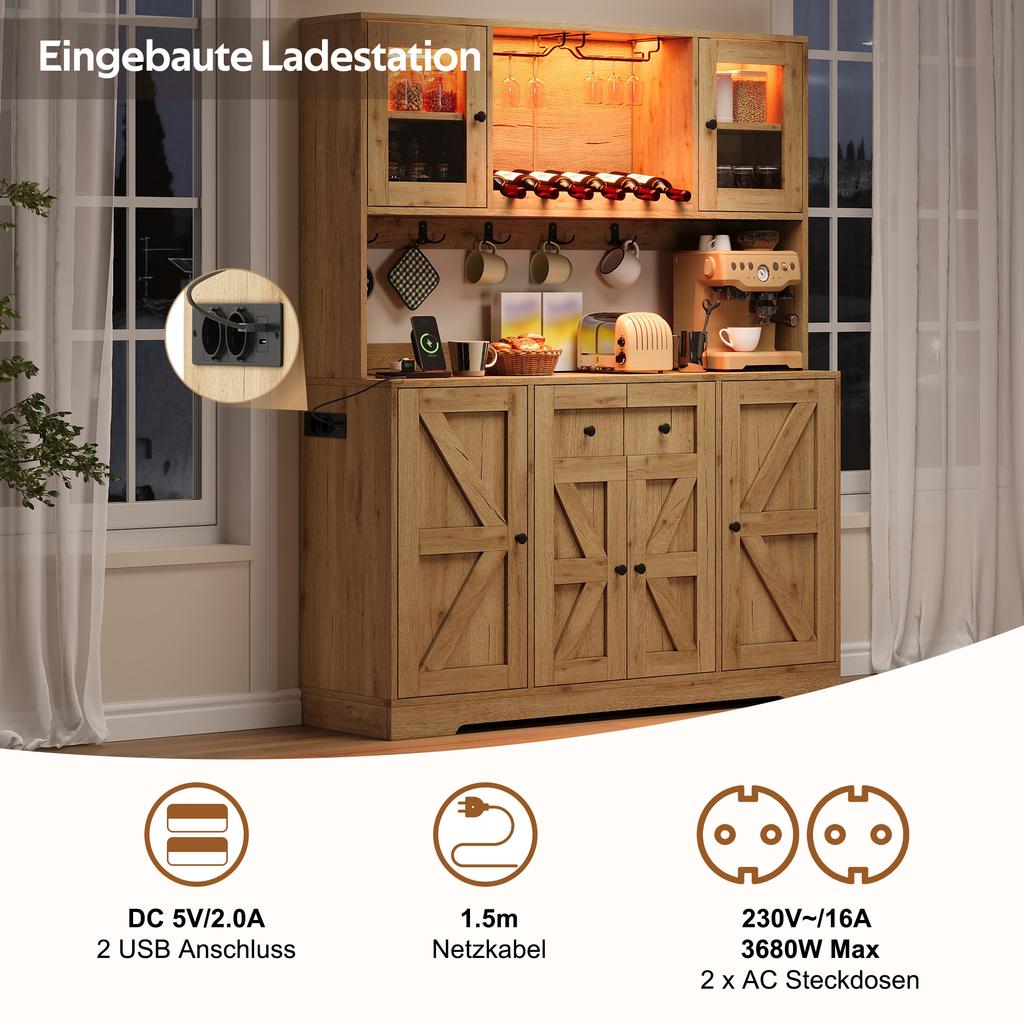 Tall Kitchen Cabinet with LED Lighting and Sockets, Pantry Cabinet with Acrylic Glass Doors, Wine Racks and Wine Glass Holders, 140 × 40 × 173 cm