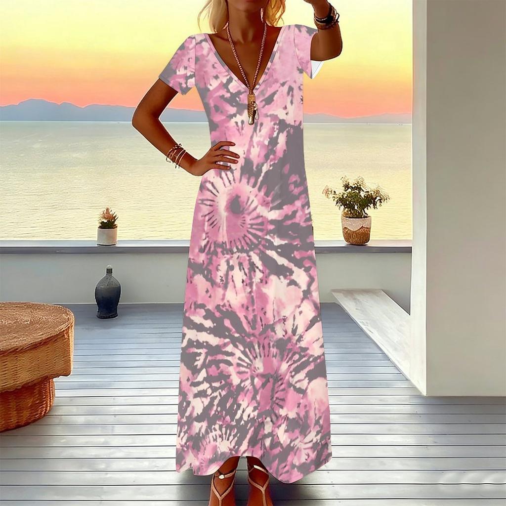 Women Plus Size Short Sleeve V Neck Maxi Dress Loose Tie Dye Print Beach Vacation Long Dress