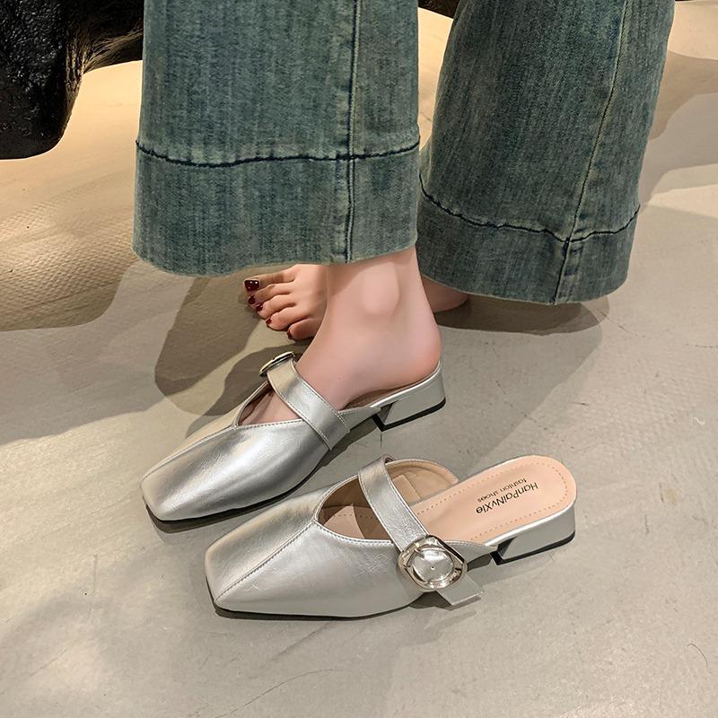 

Женские летние весенние сандалии слипоны с квадратным носком, с пряжкой, повседневные, на толстом каблуке, с закрытым носком, полушлепанцы 40 серебряный