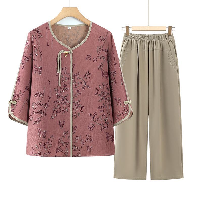 

Mother s Day Gift: Summer Thin Two-Piece Outfit for Middle-Aged and Elderly Women, Grandma and Mom Clothing Set 2XL - 105-125 lbs красный