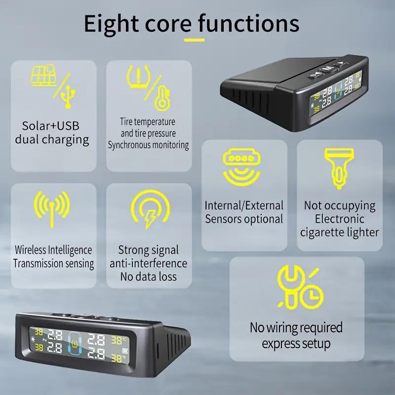 Dispositivo de alarma de presión de neumáticos para automóvil con sistema TPMS solar, pantalla digital colorida y 4 sensores externos, advertencia de temperatura y presión de neumáticos