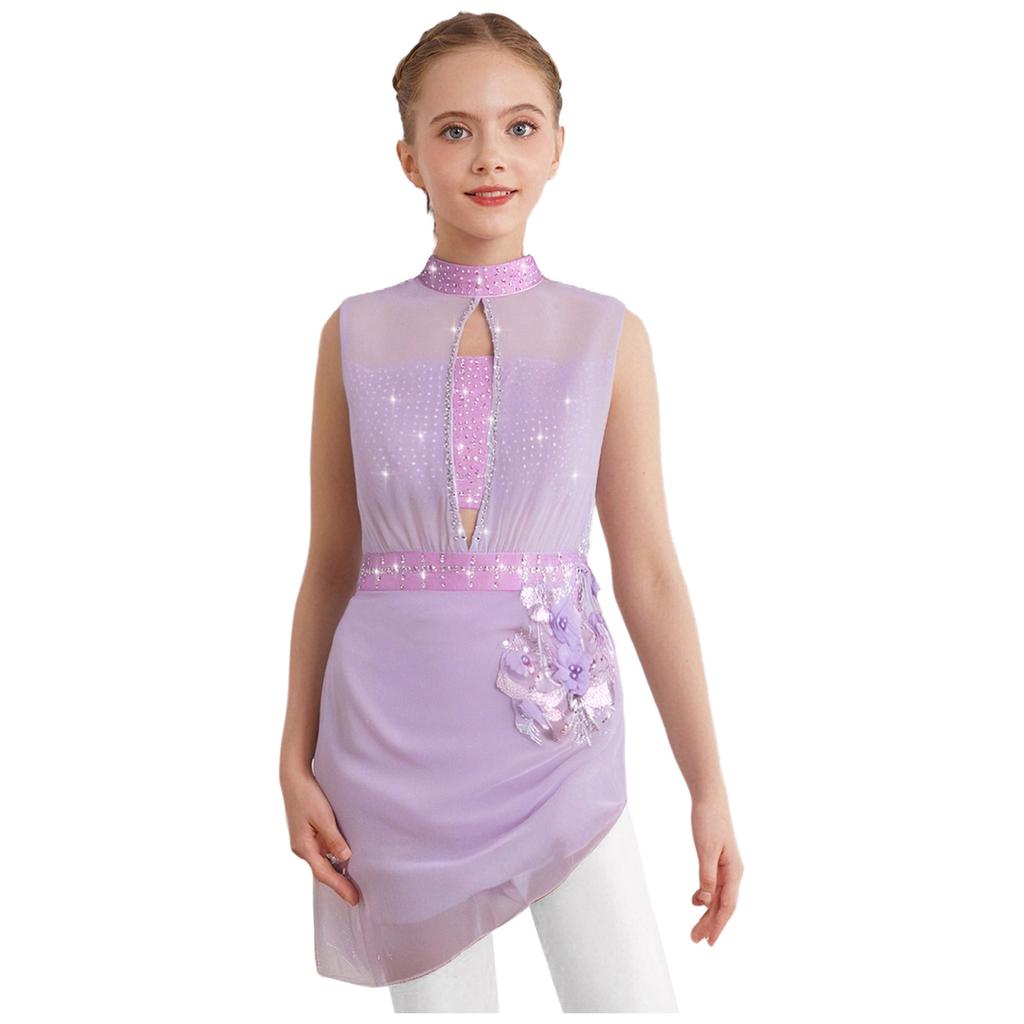 Girls Asymmetrical Skating Dress Sleeveless Backless Cutout Sheer Mesh Overlay Rhinestone Applique Competition Dance Costume