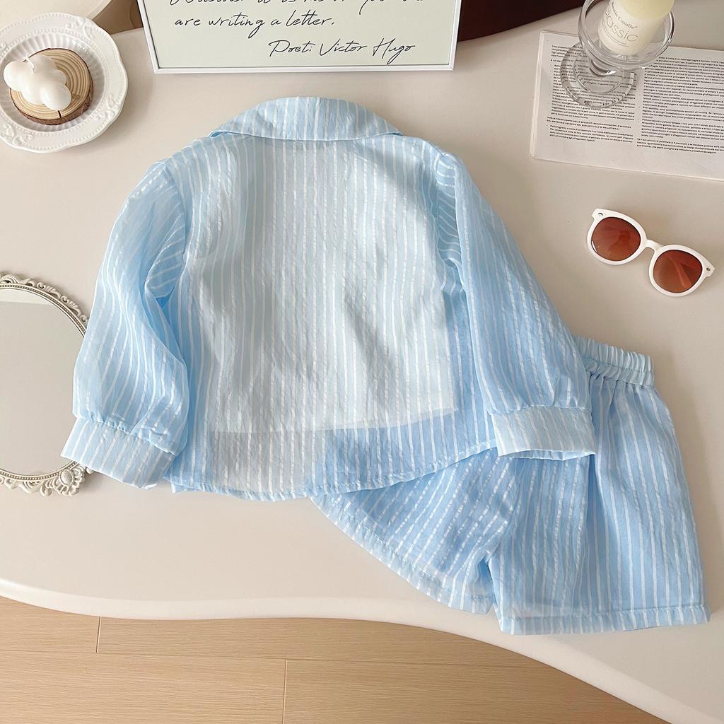 Sommer Mädchen Sonnenschutz Set Gestreiftes Langarmshirt+Weste+Shorts Anzug für 2-10 Jahre Kinder Mode Sonne UV-Schutz 3-teiliges Outfit