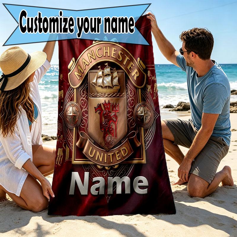 Custom Name Personalized Manchester United Print Beach Towel, for Trip Camping Beach Party Home Decor, Birthday Gift for Family & Friends