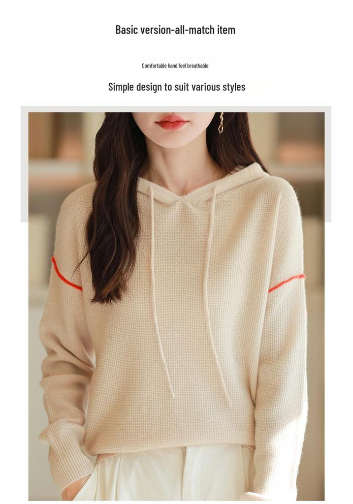 Women's Casual Hooded Cashmere Wool Knit Sweater - Pure Loose Fit Fashion for Spring, Autumn, and Winter