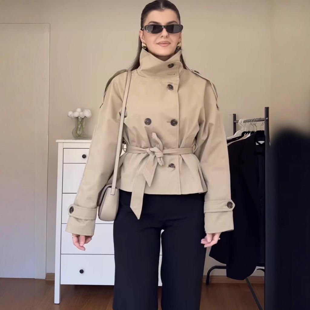 Europäischer und Amerikanischer Damen Doppelreiher Trenchcoat mit Bindegürtel Lässige Kurze Jacke