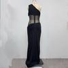 Elegant European One-Shoulder Party Evening Gown with High-End Mesh and Waist-Cinching Fishbone Design for Women