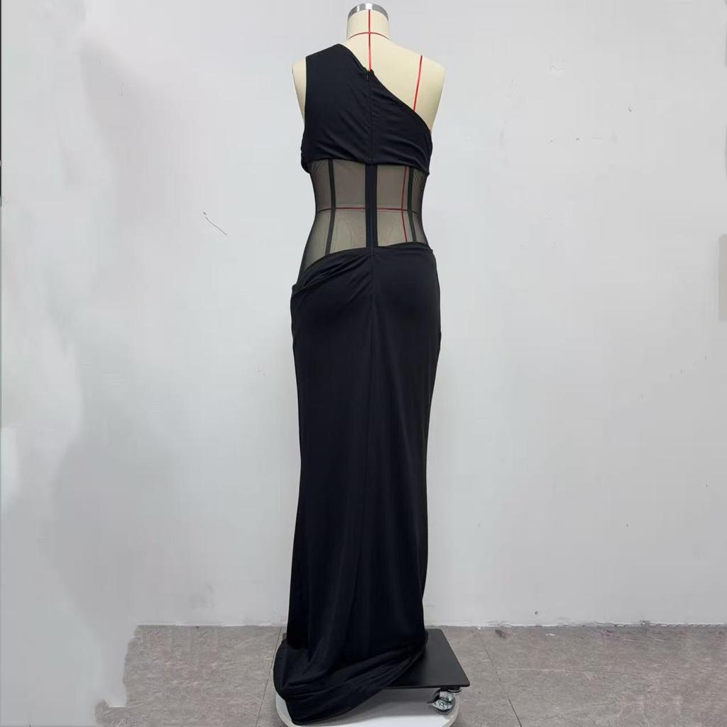 Elegant European One-Shoulder Party Evening Gown with High-End Mesh and Waist-Cinching Fishbone Design for Women