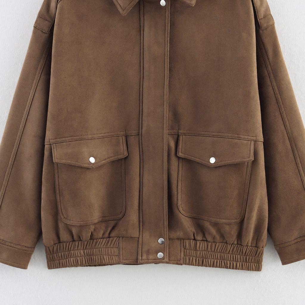 Women's Faux Suede Button Jacket Oversized Gathered Hem Short Length Coat Casual Vintage Outerwear With Pockets