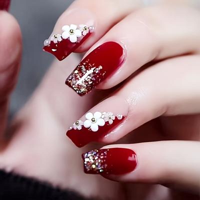 24 Stück matte, kurze Kunstnägel in Sargform, burgunderrotes Glitzer-Gel-Nageldesign mit 3D-Kamelien-Design, DIY-Aufdrückmaniküre e