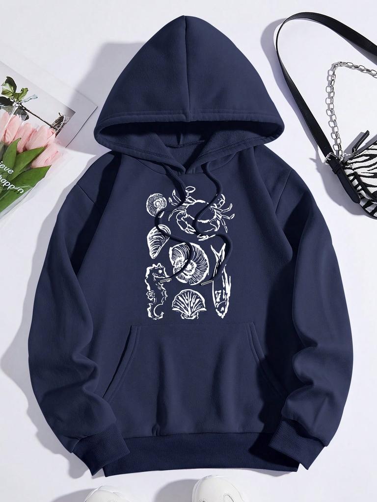 Ocean Fauna Fish Conch Design Women Hoody Loose Fleece Hoodie Autumn Y2K Pocket Hoodies Multicolor Soft Woman Streetwear