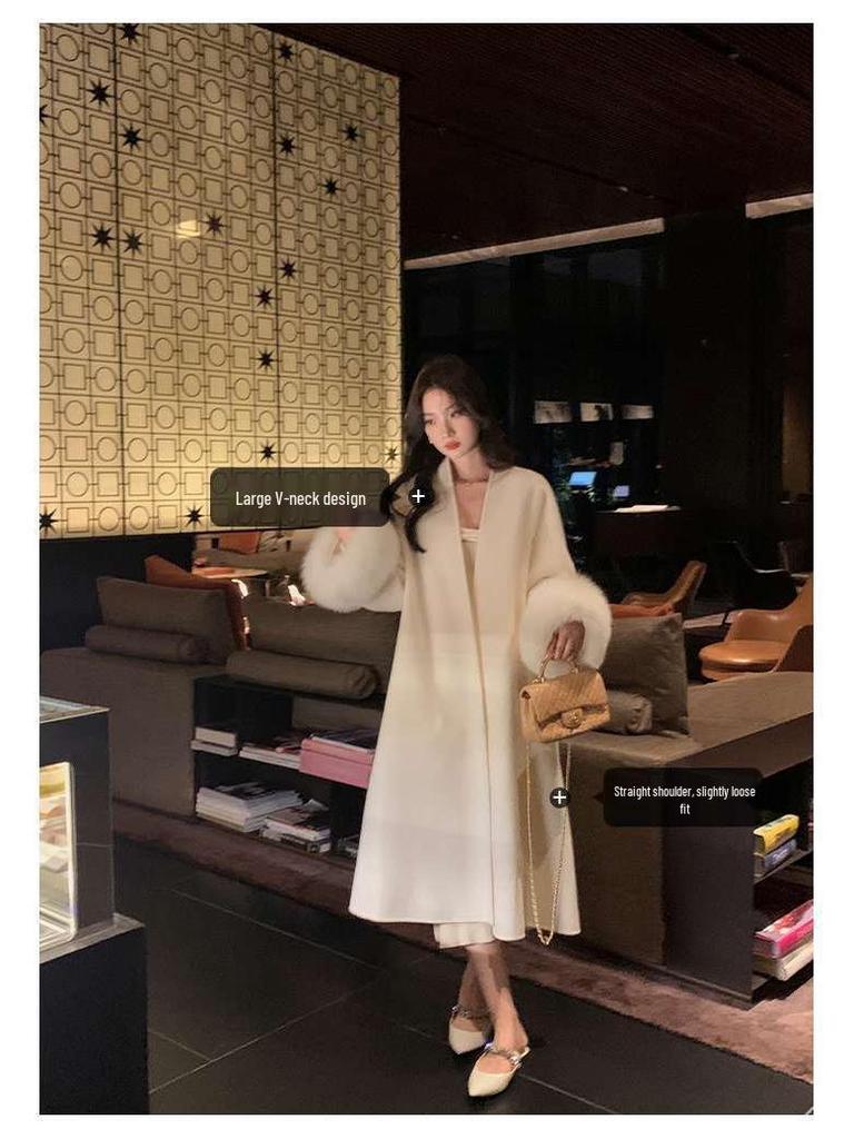 Women's Mid-Length Double-Faced Cashmere Coat with Fox Fur Cuffs for 2025 Autumn/Winter
