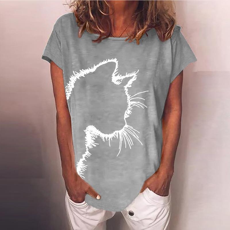

Women Summer T Shirt Trend Kitty Print Retro Fashion Short Sleeve Tees Casual Printed Tops 8XL