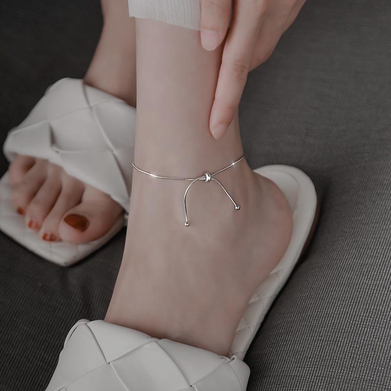 925 Silver Anklet Simple Ring Circle Ball Geometric Adjustable For Women Girls Fashion Jewelry Gift