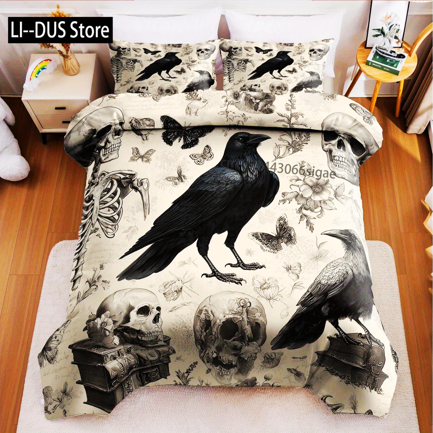 

Halloween Duvet Cover Set Without Core, Quilt Cover With 2 PillowcasesSoft And Machine Washable Gothic Skulls Crows Bedding 135x200cm